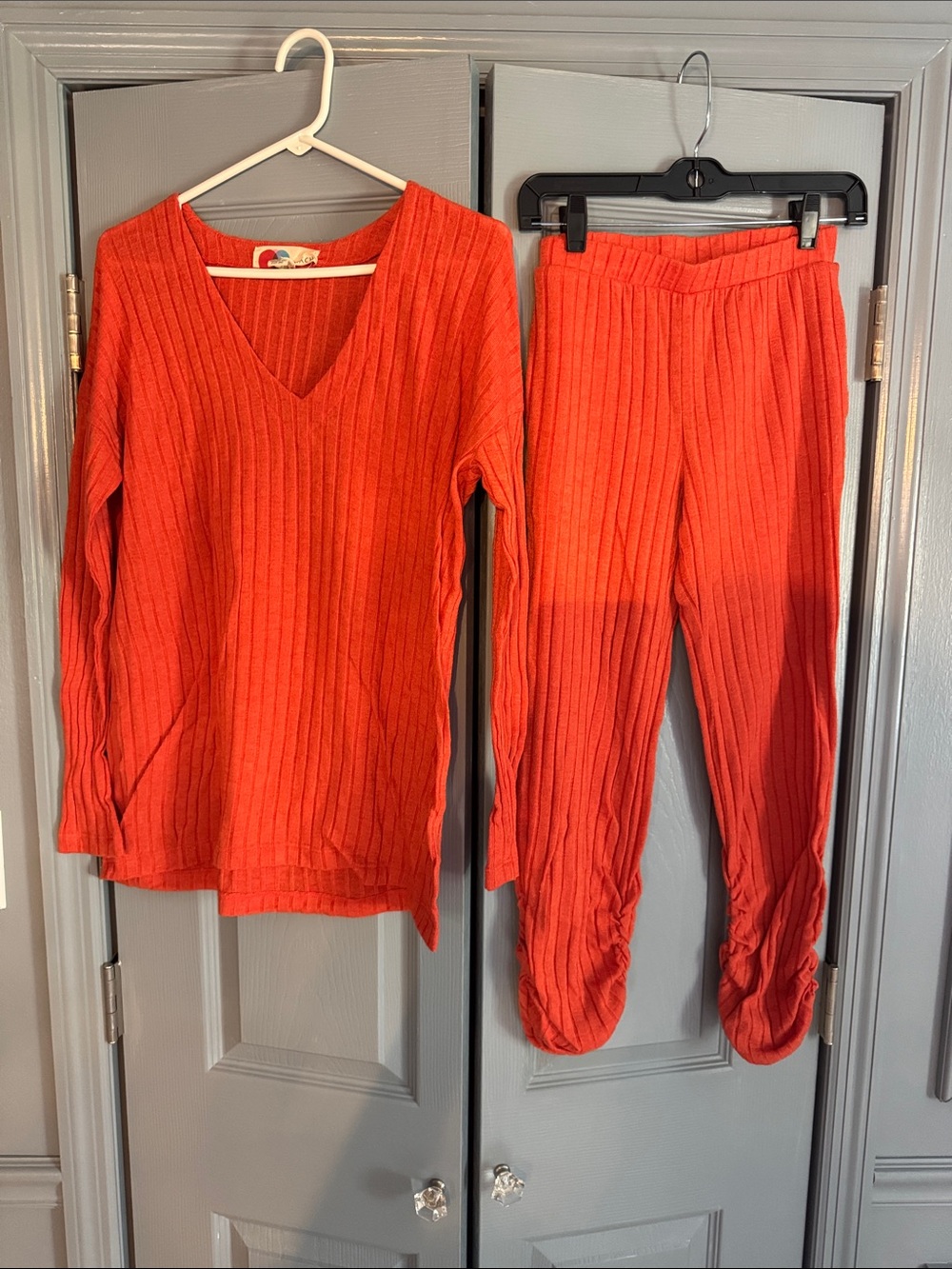 Free People Beach Ribbed V-Neck Top & Jogger Set in Bright Red
